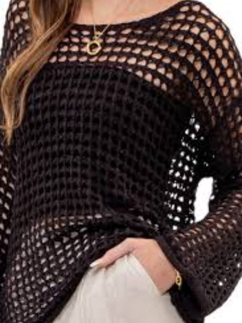 Blu Pepper Black Open-Knit Crochet Sweater